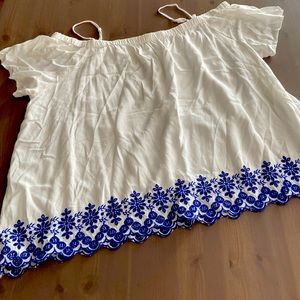 Old Navy White & Blue Scalloped Off The Shoulders Top